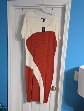 Ashley Stewart Cream and Rust Colorblock Midi Dress